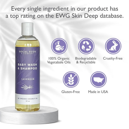 SoCal Suds & Company Baby Shampoo & Body Wash, 2-in-1 Organic Gel - Gentle Castile Soap with