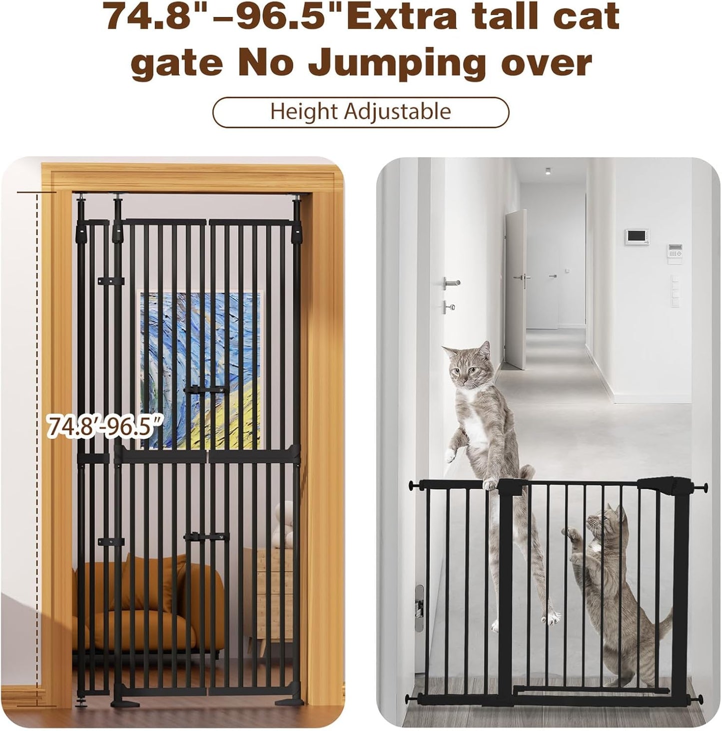 Glaf 74" Extra Tall Cat Gat, 30.31-38.19" Wide Adjustable Cat Door Pressure Mounted Pet Gate with Extra Narrow Gap Auto Close Dog Safety Gate for Doorways, Kitchen,Stairs