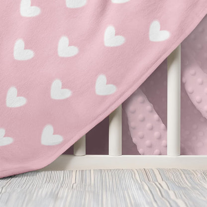 Heart Minky Baby Blanket 30 x 40 Inches for Girls, Soft Plush Receiving Blanket with Dotted Back