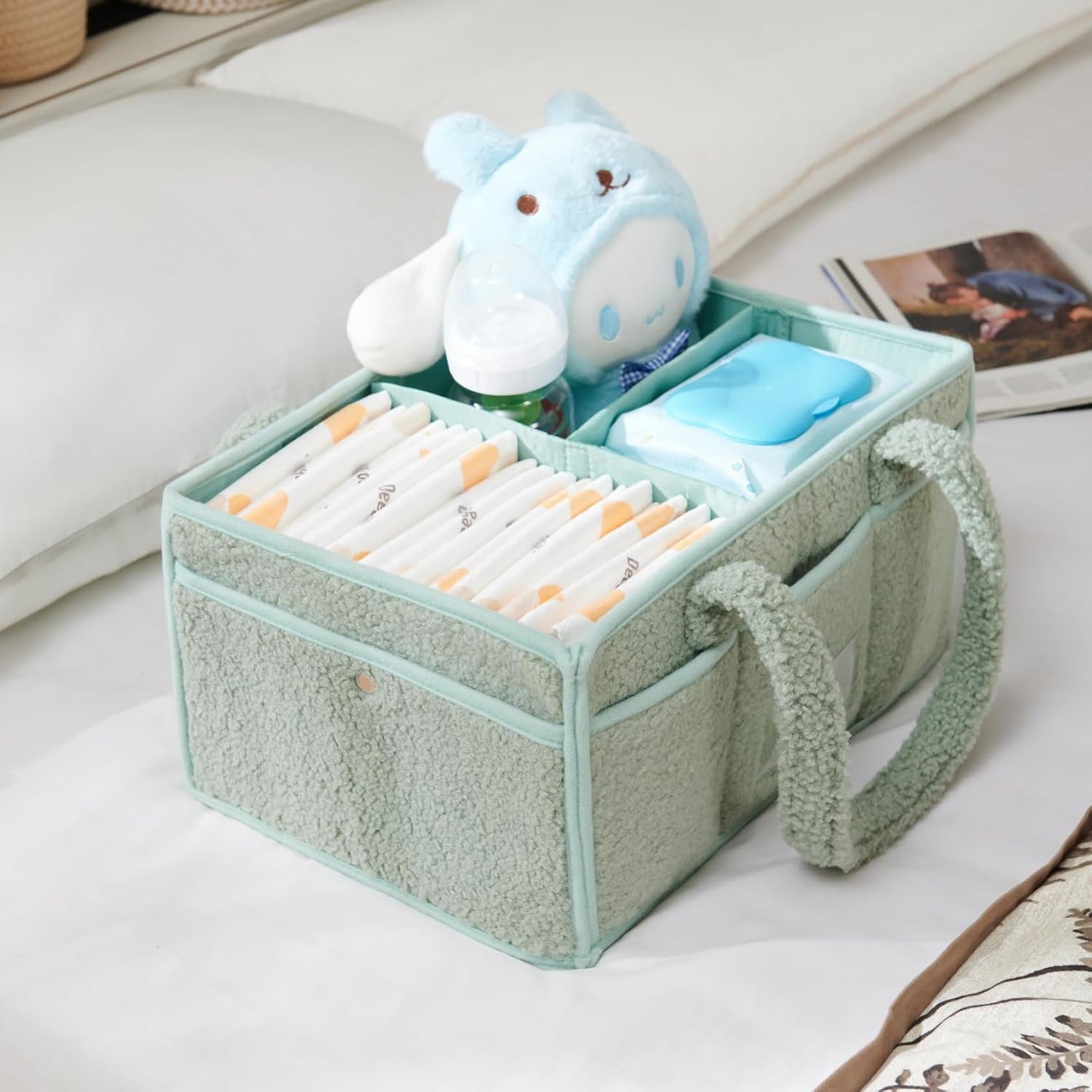 luxury little Diaper Caddy Organizer, Large Cotton Rope Nursery Baby Basket, Changing Table Organizer for Baby Diaper Storage, Portable Car Organizer with Removable Divider (Lily Green)