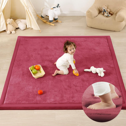 Ultra Soft Baby Play Mat,1.3" Thick Elasti-Foam Tummy Time Mat for Infants,Toddlers,Kids,Water-Repellent Coral Fleece Nursery Rug,Non-Slip Safe for Crawling&Hardwood Floors(Burgundy)