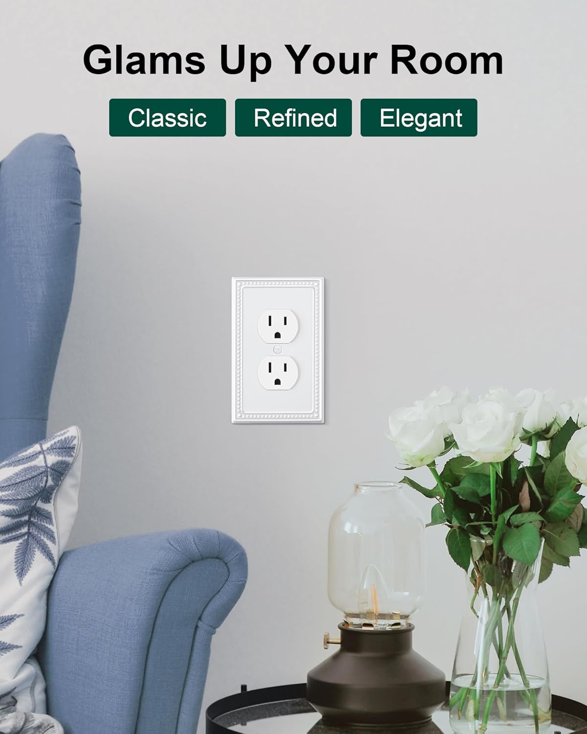 2-Pack Duplex Outlet Cover Plate, Pure White Metal Wall Plates for Electrical Outlets, 1 Gang Receptacle Light Switch Cover, Pearls Decorative Switch Plates and Outlet Covers