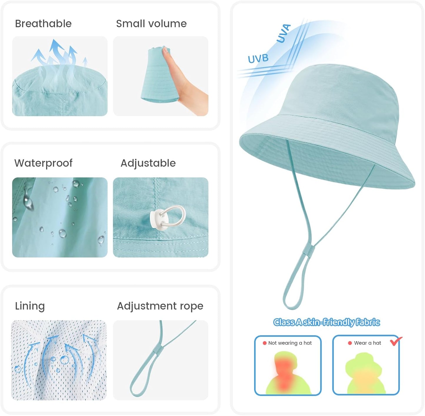 Baby Sun Hat 0-6 Years Toddler Boys Girls Adjustable Bucket Hats Kids Bucket Hats UPF 50+ Wide Brim Beach Swim Pool