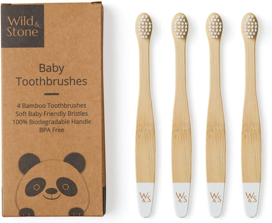 Wild & Stone Organic Baby Bamboo Toothbrushes | 4 Pack | Soft Bristles | 100% Compostable Handle |