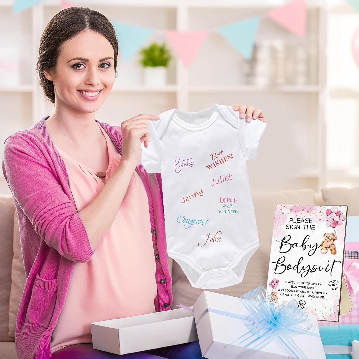 Qunclay 12 Pcs Baby Bodysuit Baby Shower Game Include 1 Game Wooden Sign Tabletop Decor 1 White Blank Newborn Bodysuit 10 Fabric Marker for Gender Reveal Party(Pink Bear)