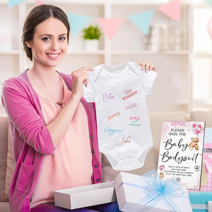 Qunclay 12 Pcs Baby Bodysuit Baby Shower Game Include 1 Game Wooden Sign Tabletop Decor 1 White Blank Newborn Bodysuit 10 Fabric Marker for Gender Reveal Party(Pink Bear)