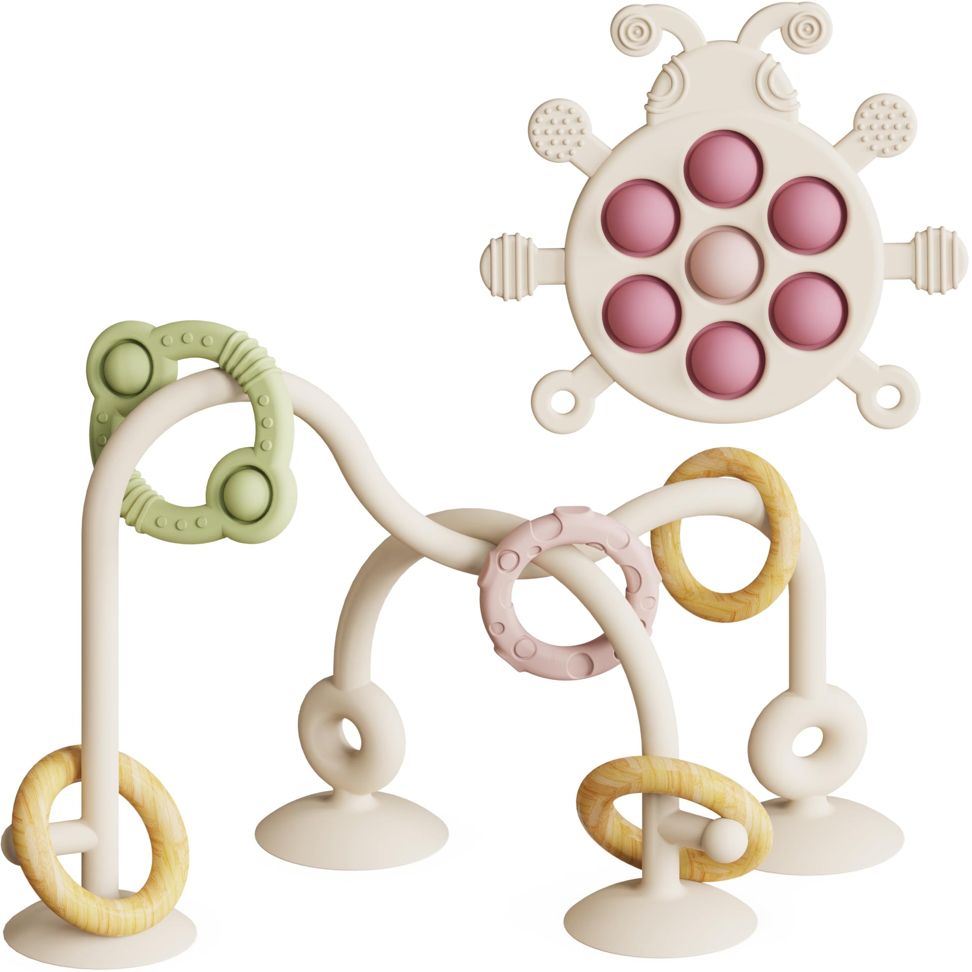High Chair Suction Cup Toy & Teething Toy Set, Sensory Toy [Beige]