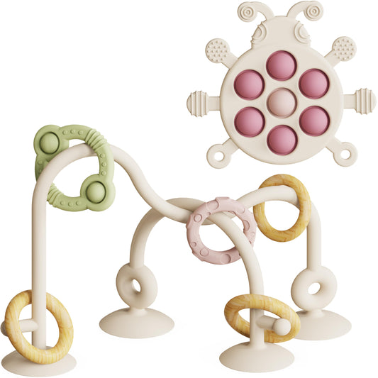 High Chair Suction Cup Toy & Teething Toy Set, Sensory Toy [Beige]
