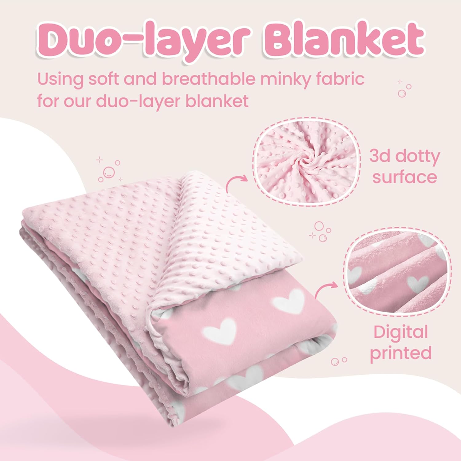 Heart Minky Baby Blanket 30 x 40 Inches for Girls, Soft Plush Receiving Blanket with Dotted Back