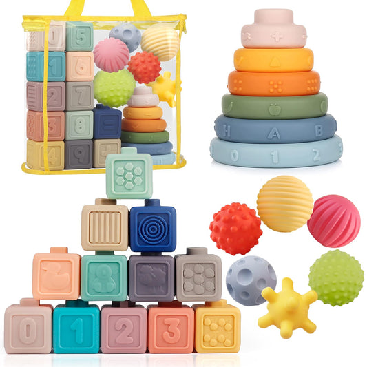 Weilim Montessori Baby Toys 18 Months+, 3-in-1 Stacking Blocks Rings Balls
