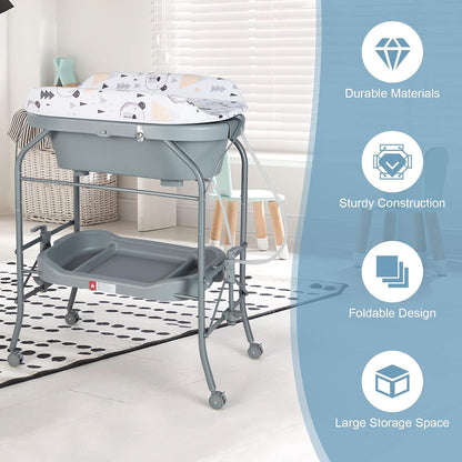 HONEY JOY Baby Changing Table with Bathtub, Foldable Infant Diaper Changing Station with Wheels