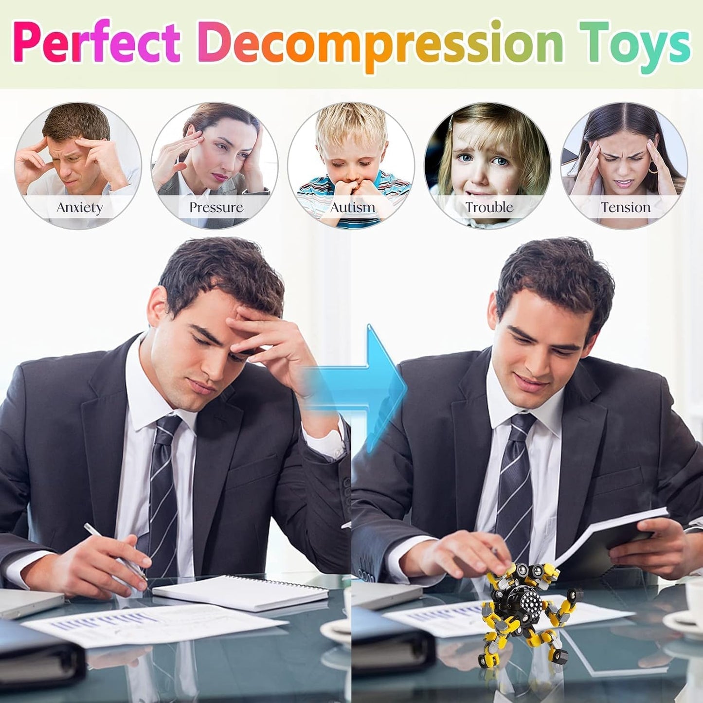 Transformable Fidget Spinners 8 Pcs for Kids and Adults Stress Relief Sensory Toys for Boys and Girls Fingertip Gyros for ADHD Autism for Kids (Fingertoy-8pc)