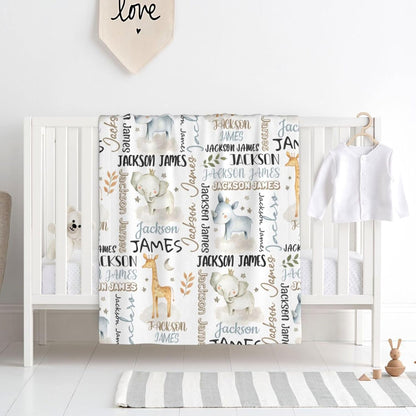 Personalized Safari Animal Swaddle Blanket - Custom Blanks for Boys, Name Blanket for Toddlers & Newborns
