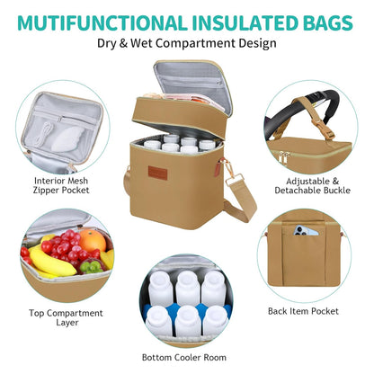 PIIOSER Breastmilk Cooler Bag with Ice Pack Fits 6 Baby Bottles Up to 9 Ounce, Insulated Baby