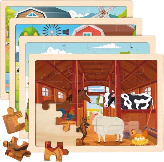 Wooden Farm Puzzles for Kids Age 3 4 5 Year Old, 4 Pack 24 Pcs Montessori Toddler Jigsaw Puzzles for Girl boy Activities Preschool Learning Educational Birthday Gift