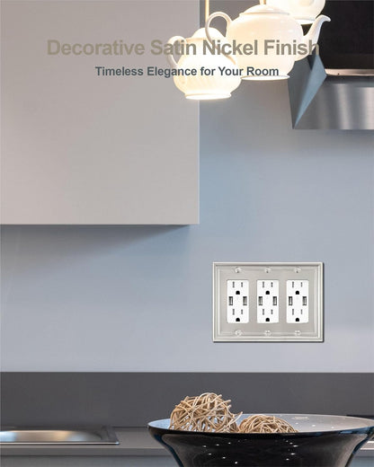 2-Pack Triple Decorator Wall Plate, 3 Gang Wall Plate for GFCI Outlet, Dimmer Switch, Receptacle Cover, Satin Nickel, 6.77 * 4.88, Midsize