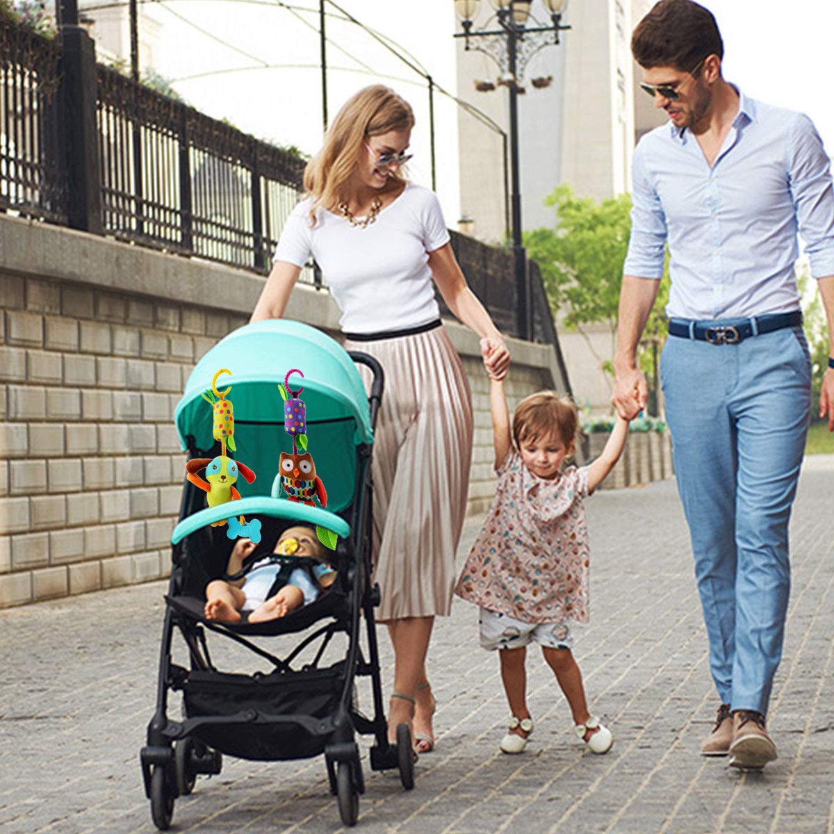 4 PCS Baby Soft Hanging Rattle Crinkle Squeaky Toy - Baby Toys for 0 3 6 9 to 1 Animal Ring Plush Stroller Infant Car Bed Crib Travel Activity Hanging Wind Chime with Teether for Boys Present