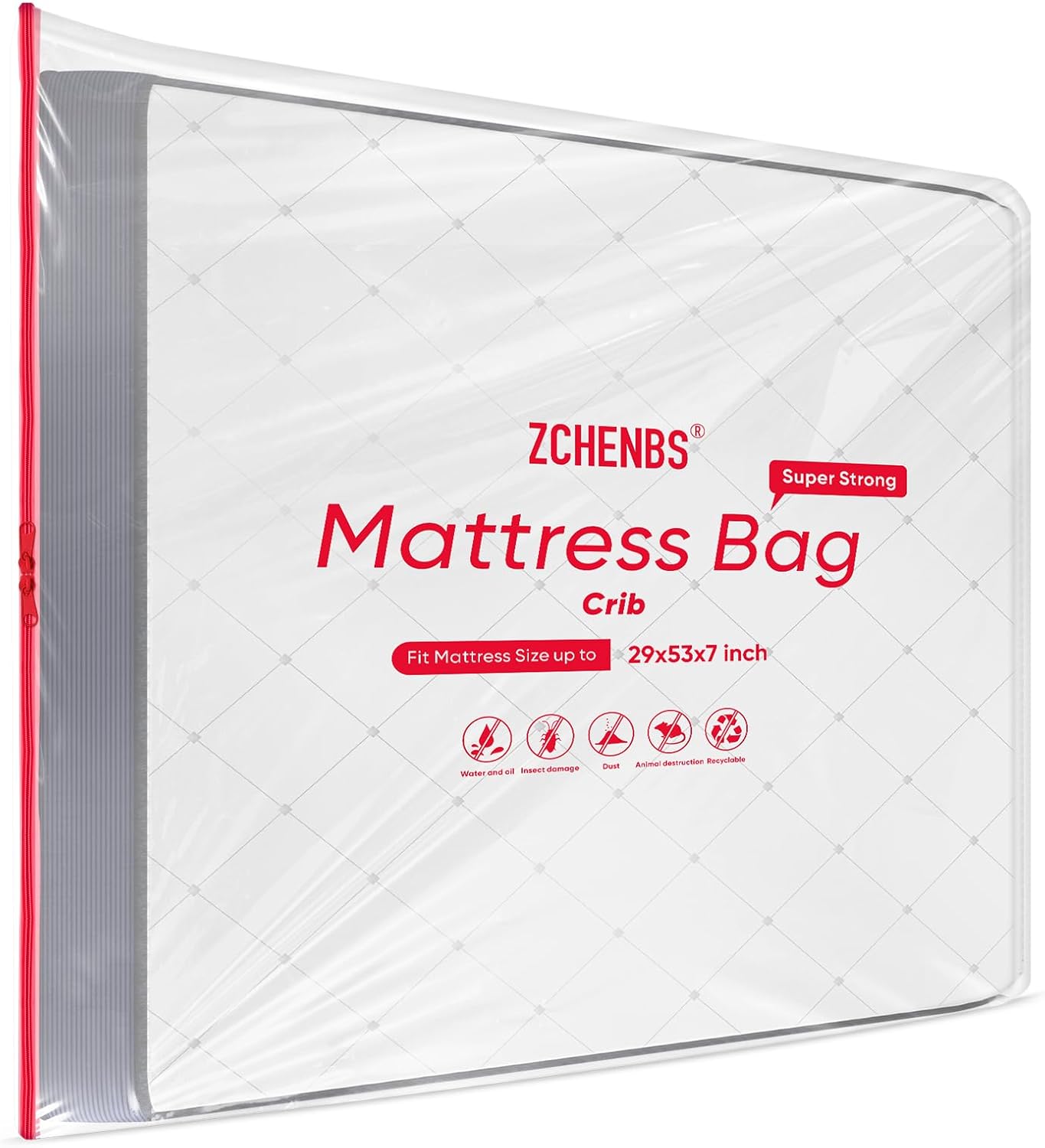 ZCHENBS® – Mattress Bags for Moving and Storage,Mattress Bag with Zippers,5 Mil Ultra-Thick Bed Bag,Waterproof,Anti-Tear,Heavy-Duty Mattress bag (Transaparent/Red, Crib-(1 Pack))