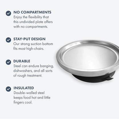 Avanchy Open Baby Plates with Suction – Stainless Steel Divided Plates for Toddlers, BPA-Free, Dishwasher Safe, Unbreakable, Non-Toxic, 100% Silicone Suction – White