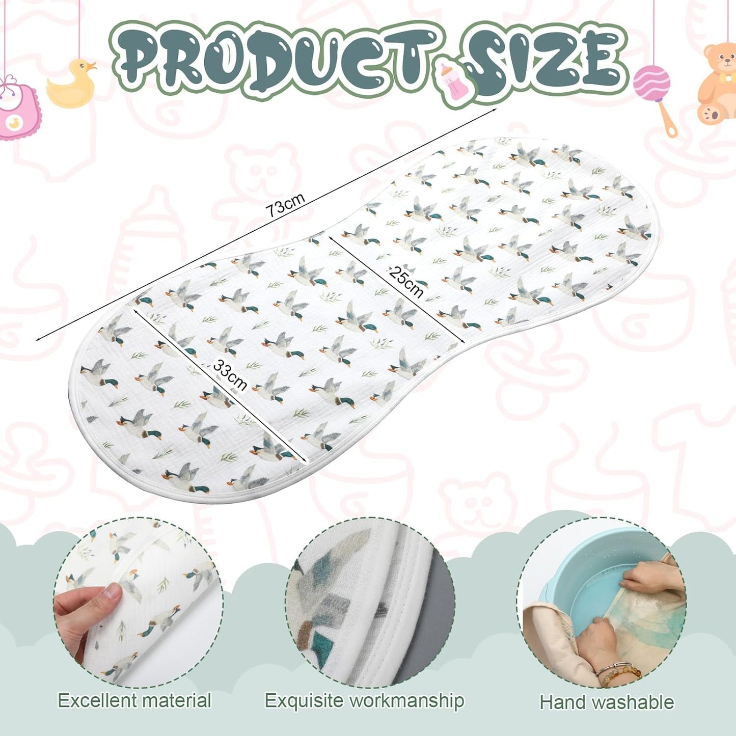 3 Pcs Changing Pad Liners Fits in Peanut Shape Changing Pad Waterproof Diaper Mats Organic Cotton Peanut Mats are Warm on a Baby's Back, Washable Reusable (Mallard Duck,Flaxen)