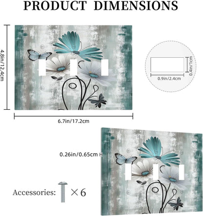 Decorative Switch Plates Rustic Teal Daisy Floral Flowers Butterfly Wood Grain 3 Gang Wall Plate Triple Toggle Light Switch Cover Faceplate Electrical Wall Panels for Bathroom Bedroom Decor