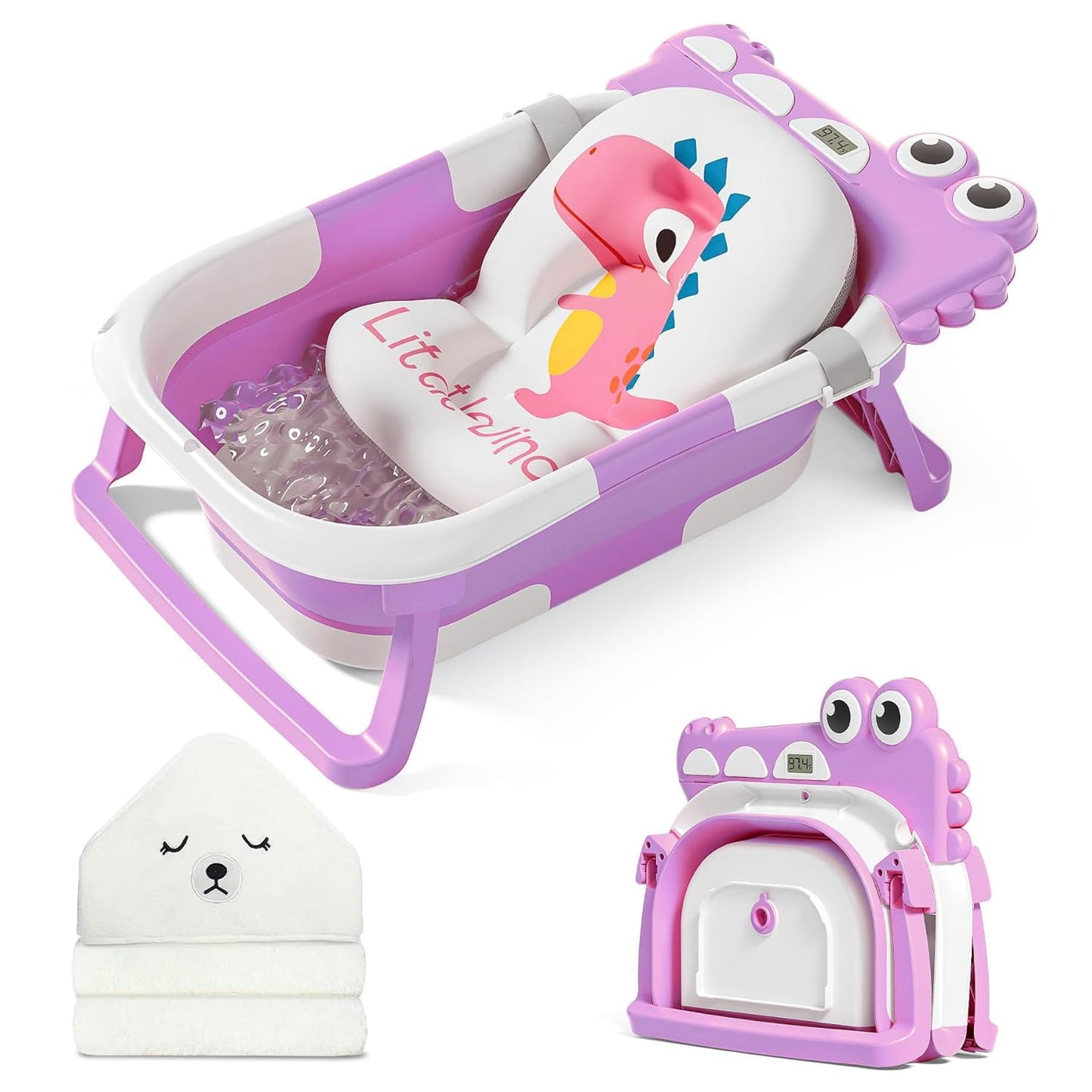 MoreFeel Collapsible Baby Bathtub for Newborn with Thermometer & 1 Hooded Towel & 1 Soft Floating