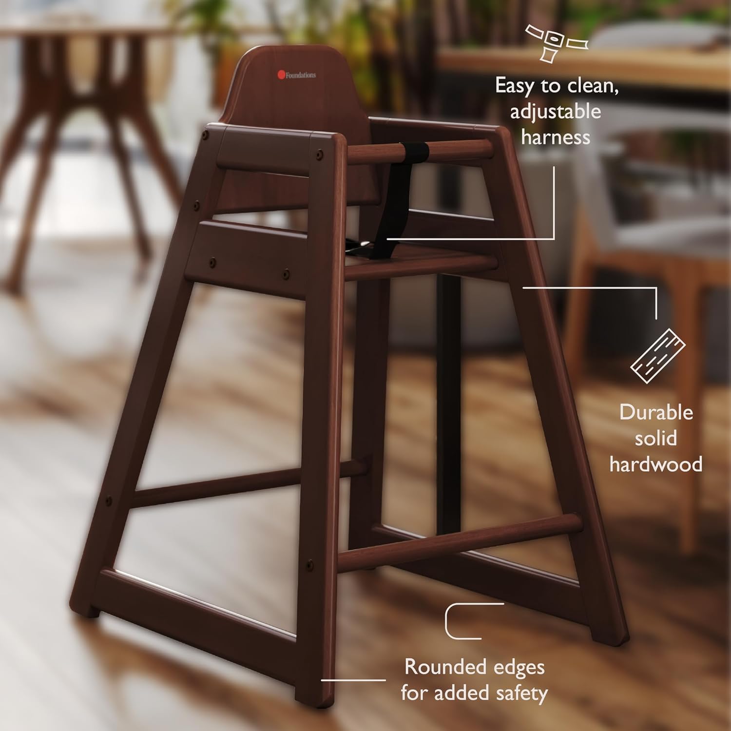 Foundations Neat Seat Wood Highchair for Restaurants, Easy to Clean, “No-tip” Feet, 3-point Safety