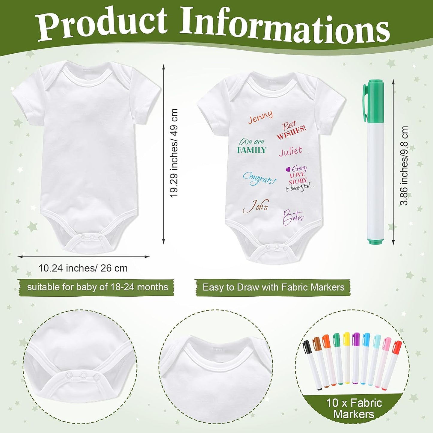 Qunclay 12 Pcs Baby Bodysuit Baby Shower Game Include 1 Game Wooden Sign Tabletop Decor 1 White Blank Newborn Bodysuit 10 Fabric Marker for Gender Reveal Party(Safari)