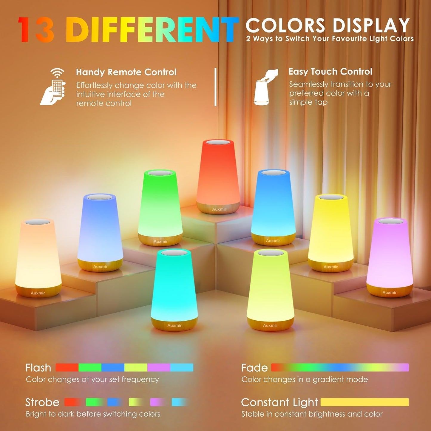 LED Night Light Bedside Lamp Touch and Remote Control Dimmable Tabletop 13 RGB Colors Changing 5 Brightness Adjustable Rechargeable Portable Lamp for Baby Kids Nursery Bedroom Bathroom Outdoor Camping