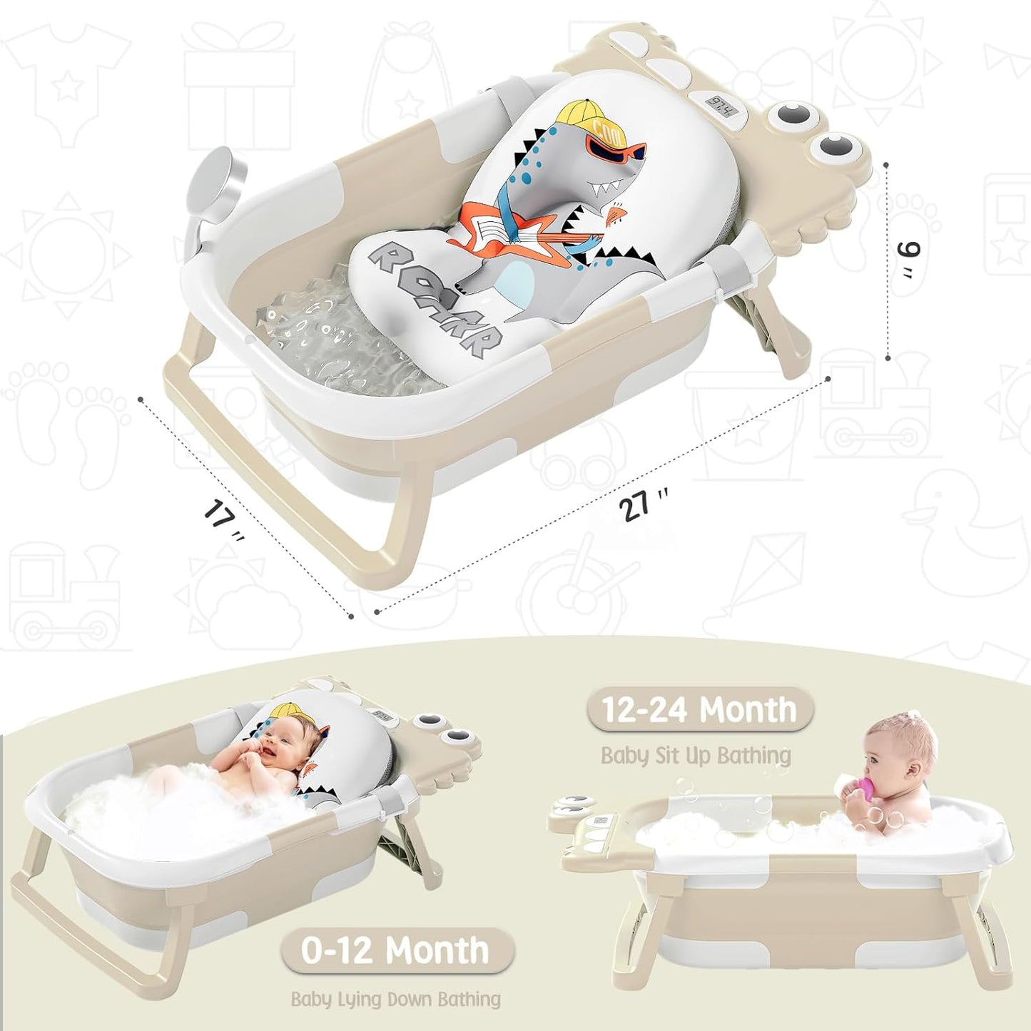 TPN Collapsible Baby Bathtub, Baby Bath Tub with Soft Cushion & Real-Time Thermometer, Baby Bathtub