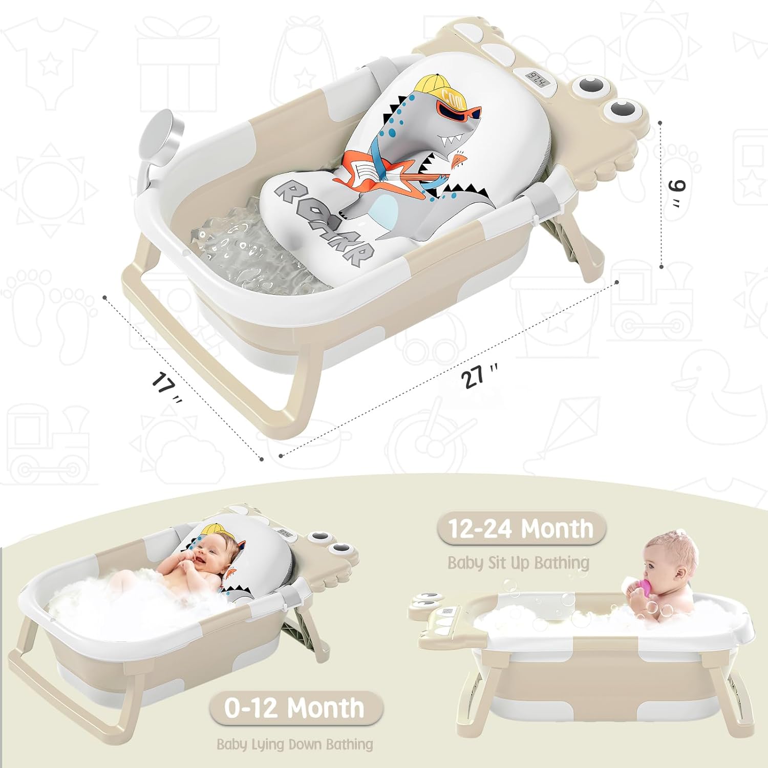 TPN Collapsible Baby Bathtub, Baby Bath Tub with Soft Cushion & Real-Time Thermometer, Baby Bathtub