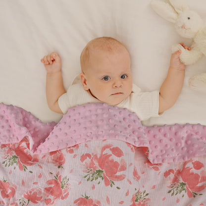 GLLQUEN BABY Blankets for Unisex Boys Girls, 2-Pack Muslin Cotton Front Soft and Breathable,and Dotted Fleece Backing, Printed Bed Nursery Minky Blankets for Newborn, Pink Flower,30 x40 inches
