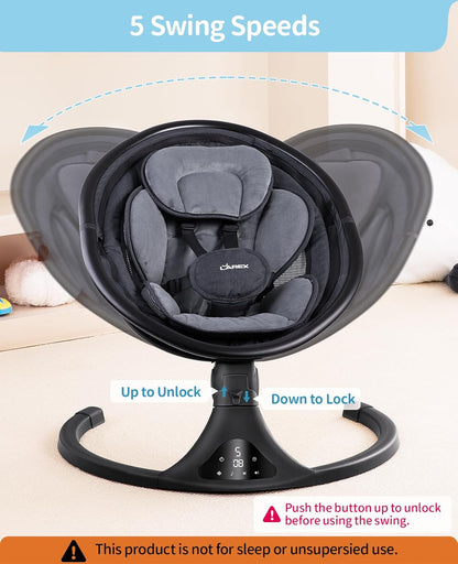 LAREX Baby Swing to Toddler Electric Infant Swing Portable for Newborn Boy Girl, 5 Sway Speeds with Remote Control, 12 Preset Melodies and Bluetooth, 0-6 Months Max 20 Lbs (2024 Model-Black)