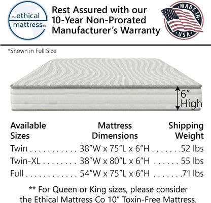 Ethical Mattress CO 6" Kid’s Mattress, Toxin-Free, Made in The USA with Organic Cotton, Wool, Latex & Pocketed Coils (Bed-in-a-Box); Perfect for bunk beds, trundles & Platform beds - Twin Size