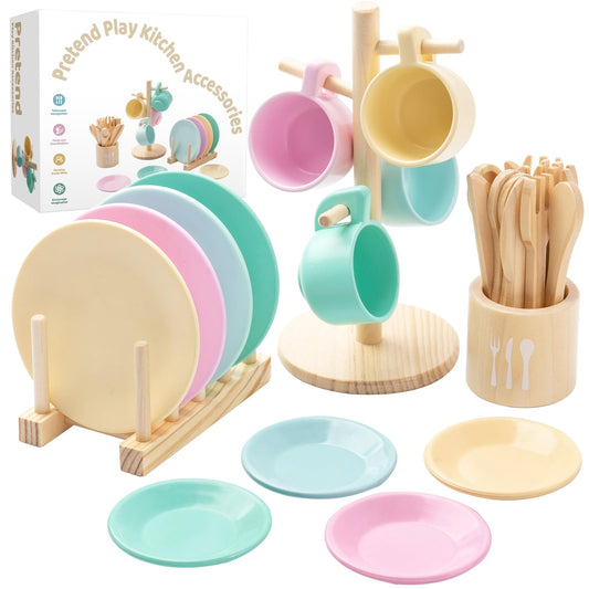 GAGAKU Kids Wooden Play Dishes Set -27Pcs Montessori Play Kitchen Accessories Plates and Bowls Set