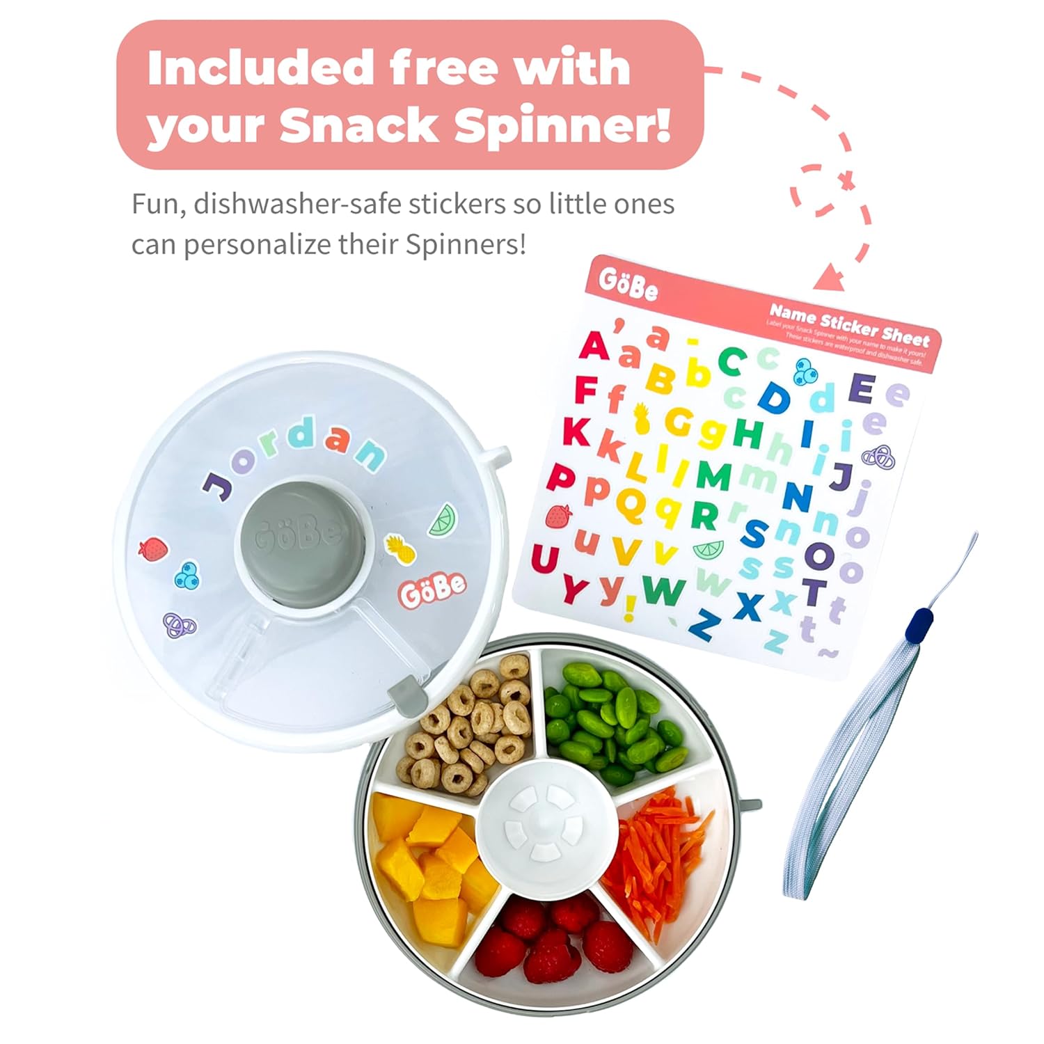 GoBe Kids Small Snack Spinner Flip Bundle with Hand Strap and Sticker Sheet - Reusable Snack
