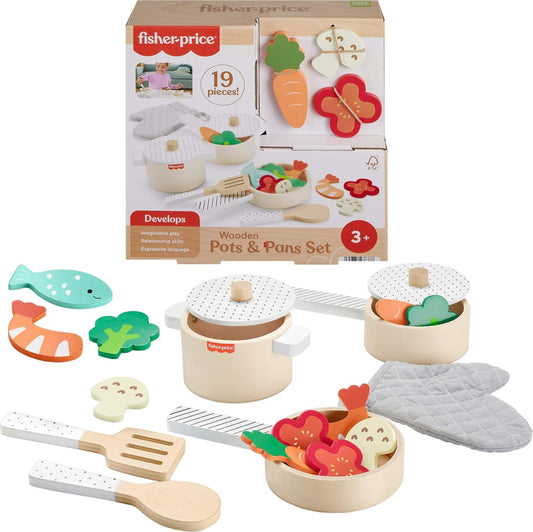 Fisher-Price Wood Kitchen Pretend Play Toy Pots & Pans Set, 19-Piece Playset Wooden, Metal & Fabric
