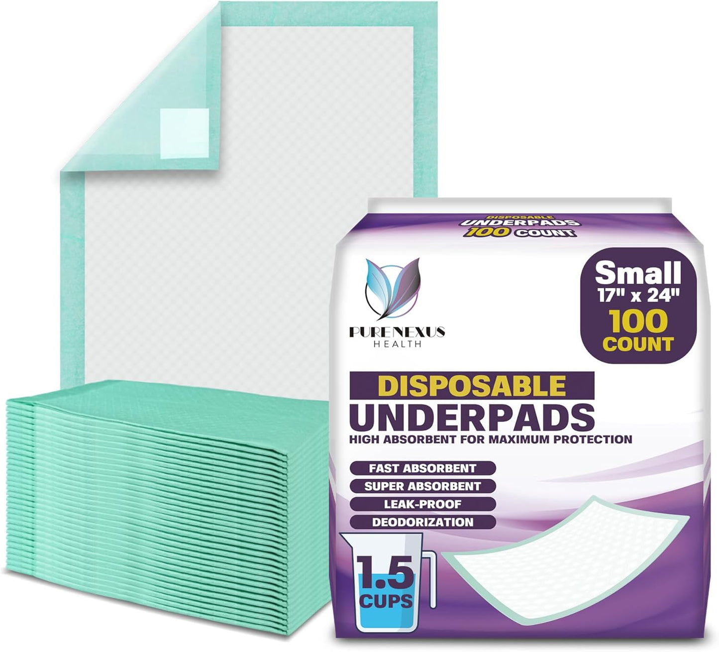 Disposable Bed Pads for Adults 17 x 24 (100 Count) - Super Absorbent and Waterproof - Incontinence