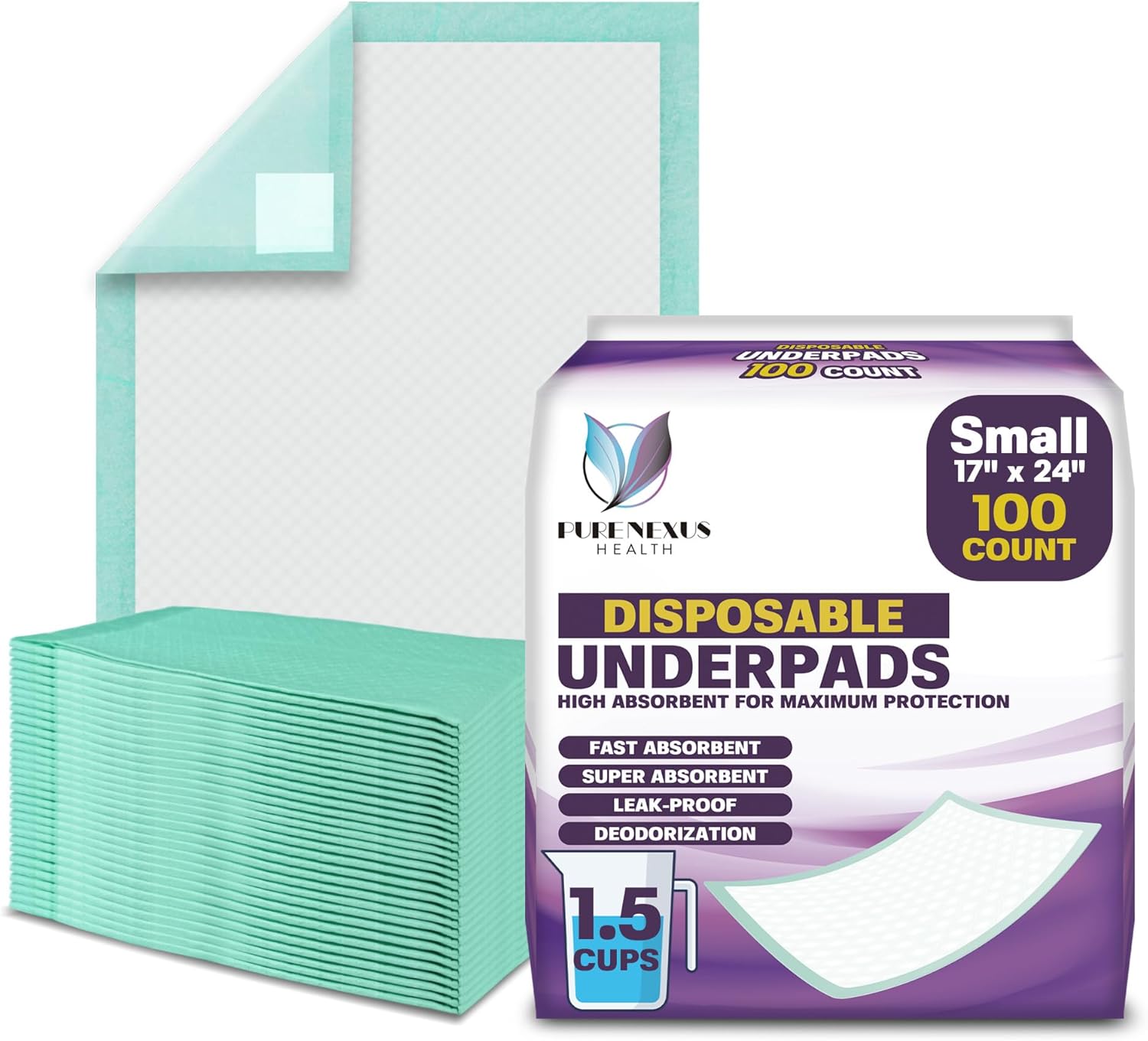 Disposable Bed Pads for Adults 17 x 24 (100 Count) - Super Absorbent and Waterproof - Incontinence