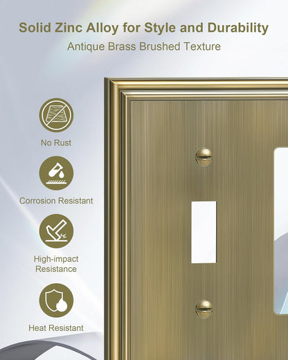 2-Pack Combo Toggle/Decorator Light Switch Cover Plate, Antique Brass Decorative Electrical Outlet Covers, Durable Solid Zinc Alloy Wall Switch Plates and Outlet Covers
