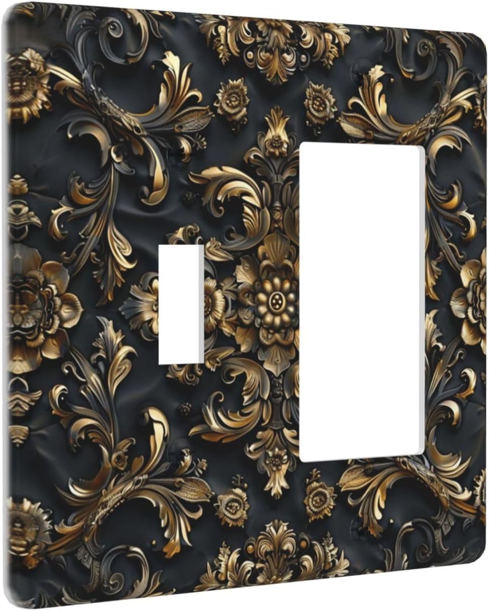 Decorative Outlet Covers Rococo Vintage Black Golden Leaf Morris Vine 2 Gang 1 Gang Wall Plate Cover Single Toggle Rocker Combo Light Switch Cover Plate Face Plate for Bedroom Decor