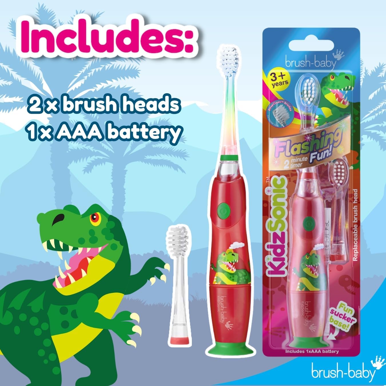 Brush‑Baby - KidzSonic Dinosaur Kids Electric Toothbrush for Ages 3+ with Disco LED Lights, Gentle