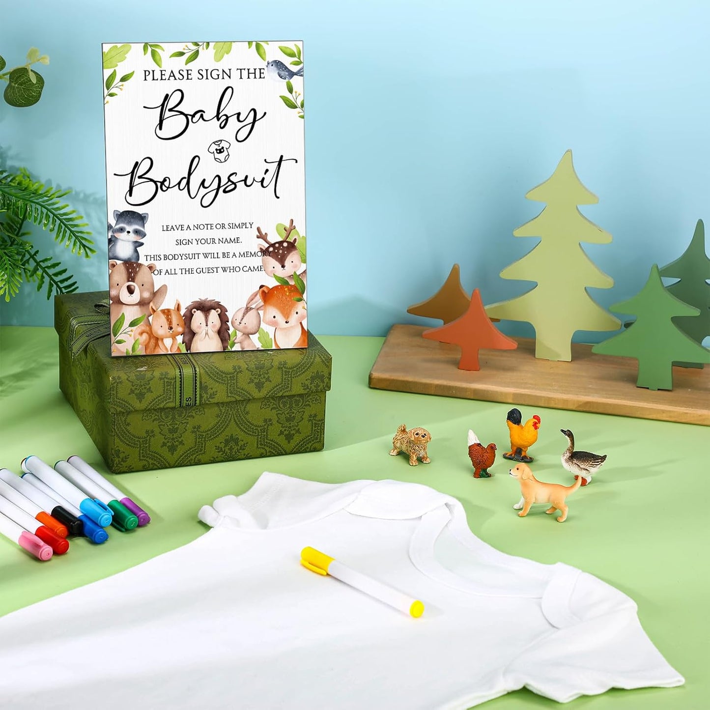 Qunclay 12 Pcs Baby Bodysuit Baby Shower Game Include 1 Game Wooden Sign Tabletop Decor 1 White Blank Newborn Bodysuit 10 Fabric Marker for Gender Reveal Party(Woodland)