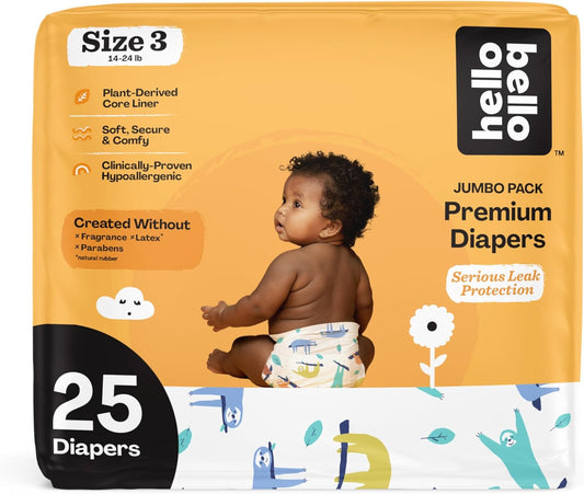 Hello Bello Premium Baby Diapers Size 3, 25 Count of Disposable, Extra-Absorbent, Hypoallergenic Baby Diapers with Snug and Comfort Fit, Sleepy Sloth