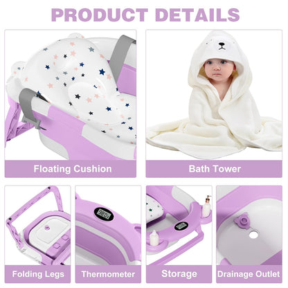 MoreFeel Collapsible Baby Bathtub for Newborn with Thermometer & 1 Hooded Towel & 1 Soft Floating