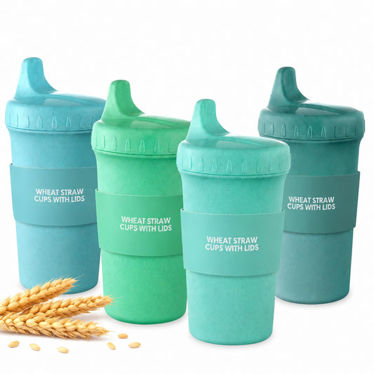 Meolibour® 4 Packs Wheat Straw Sippy Cups for Toddlers Kids, Reusable Plastic Spill Proof Cups for
