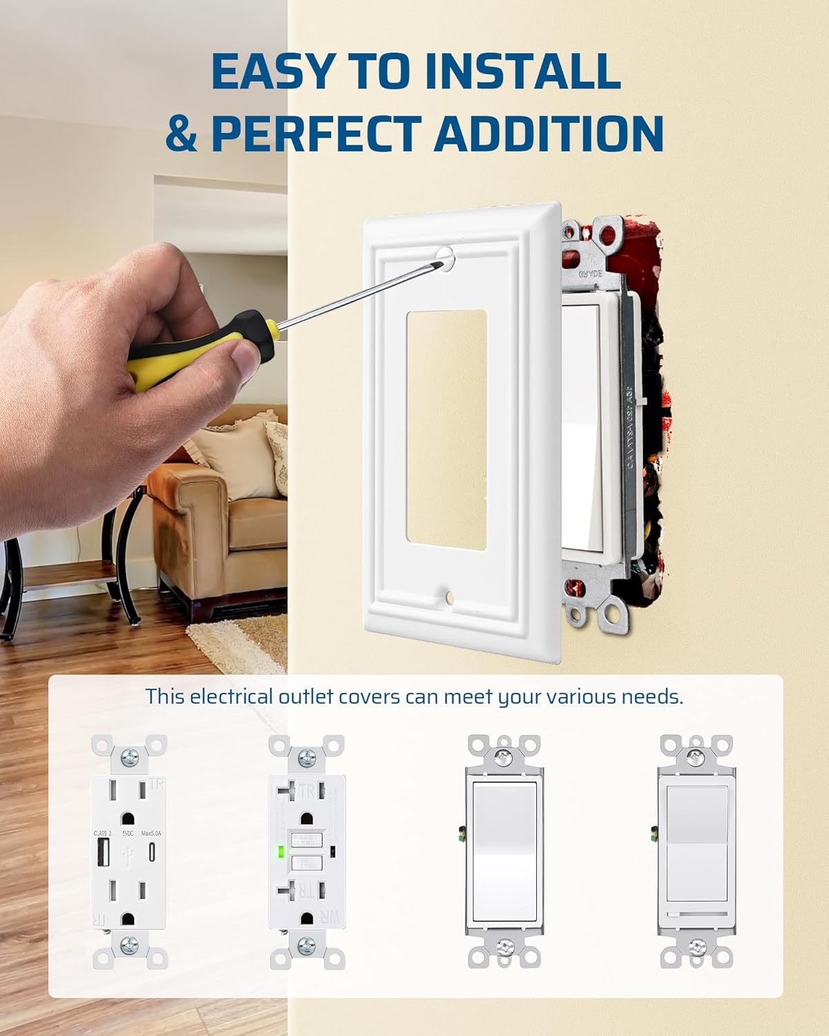 DEWENWILS Decorator Outlet Covers, White Metal Light Switch Cover Plates, 4.92" x 3.14" Decorative Outlet Wall Plates, Switch Plate Covers for Home Decor, 2 Pack