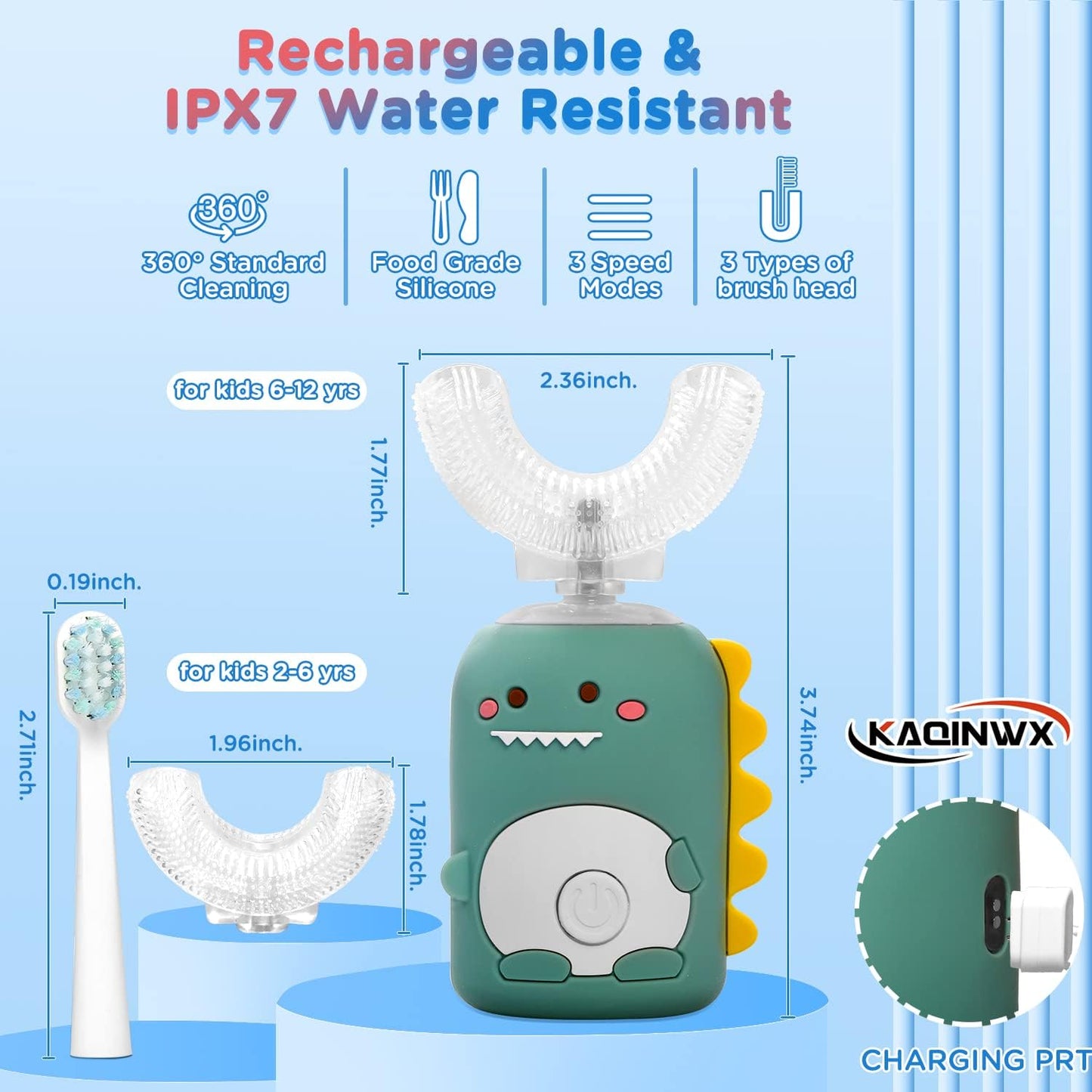 Kids U Shaped Electric Toothbrush for Age 2-12, Rechargeable Toddler Toothbrush with Smart Timer &