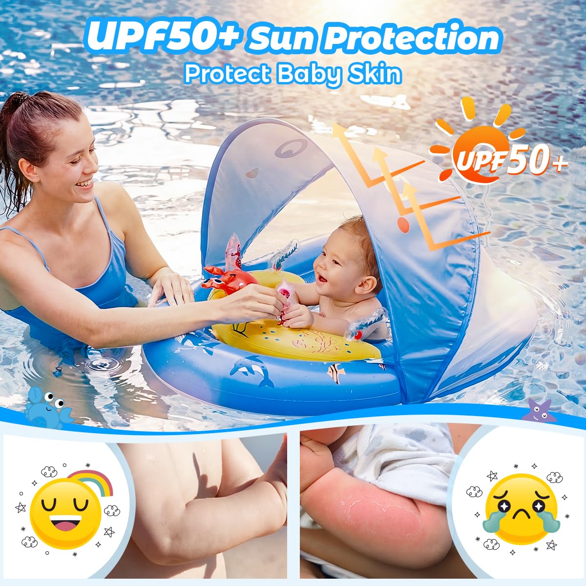 LAYCOL Baby Pool Float with Canopy UPF50+, 120°Adjustable Sun Protection and Anti-Tip Safety Seat