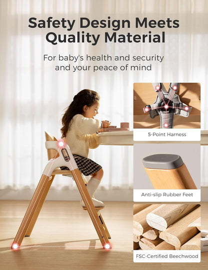 Momcozy DinerPal Wooden High Chair for Babies, Toddlers & Adults Up to 308 Lbs, Convertible Baby